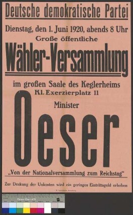 Plakat zu einer Wahlversammlung der DDP am 1. Juni                                         1920 in Braunschweig