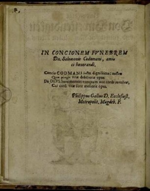 In Concionem Funebrem Dn. Salomonis Codomani, [...]