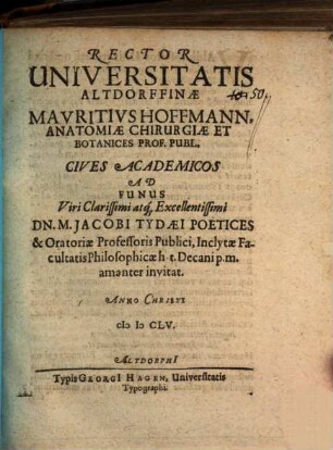 [Programma quo] Maurit. Hofmann ... Cives acad. ad funus J. Tydaei ... invitat