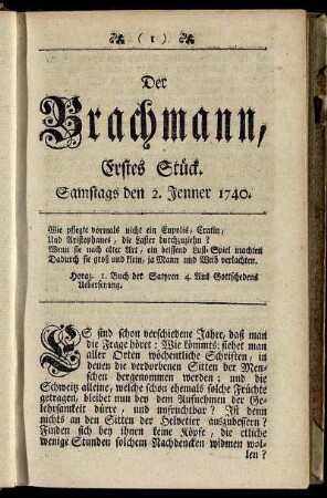 Erstes Stück. Samstags den 2. Jenner 1740.
