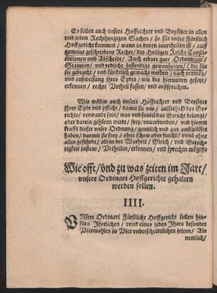 Wie offt/ und zu was zeiten im Jare/ unsere Ordinari Hoffgerichte gehalten werden sollen. IIII.