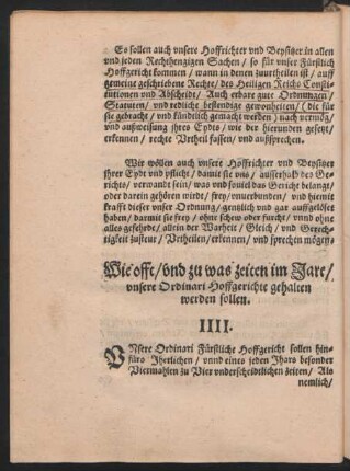 Wie offt/ und zu was zeiten im Jare/ unsere Ordinari Hoffgerichte gehalten werden sollen. IIII.
