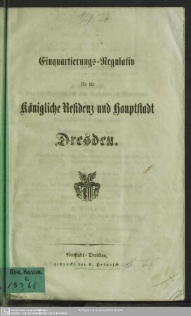 Einquartierungs-Regulativ für die Königliche Residenz und Hauptstadt Dresden