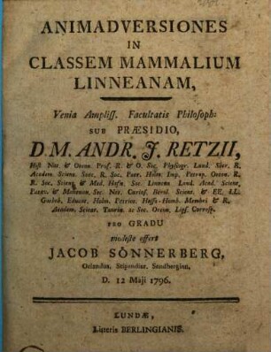 Animadversiones in classem mammalium Linneanam