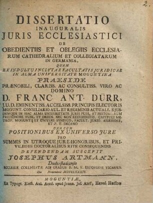 Dissertatio Inauguralis Juris Ecclesiastici De Obedientiis Et Oblegiis Ecclesiarum Cathedralium Et Collegiatarum In Germania