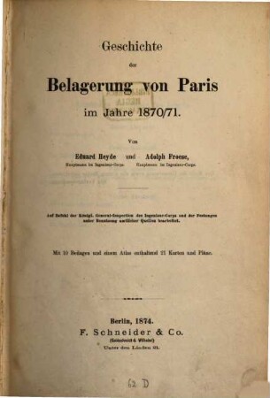 Geschichte der Belagerung von Paris im Jahre 1870/71 : [Textband]
