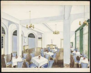 Speiseraum M1, Kliniksanatorium Gottleuba. Sieben Tische mit je vier Stühlen, eine zweitürige und eine dreiteilige Anrichte mit vier Schiebern in der Mitte, Deko