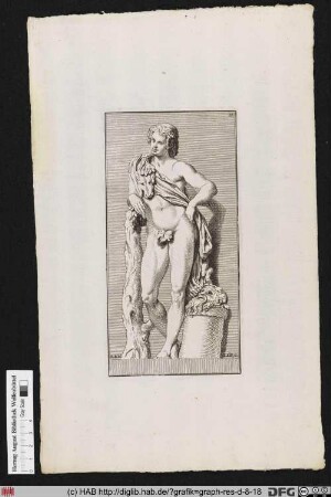 Darstellung eines Satyrs nach einer antiken Statue mit Tigerfell, Weintrauben und bärtiger Maske.