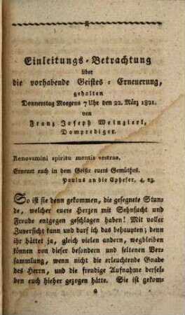 Sechs Betrachtungen über die wichtigsten Pflichten eines wahren Christen : Gehalten vor der verehrlichen Sodalität der Kongregation Mariä Verkündigung zu Regensburg .... [1], ... am 22. 23. 25. März 1821