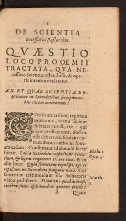 De Scientia necessaria Pastoribus. Qvaestio Loco Prooemii Tractata, Qva Necessitas Scientiae ostenditur, & operis intentio declaratur.