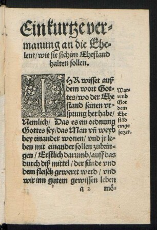 Ein kurtze vermanung an die Eheleut/ wie sie sich im Ehestand halten sollen.
