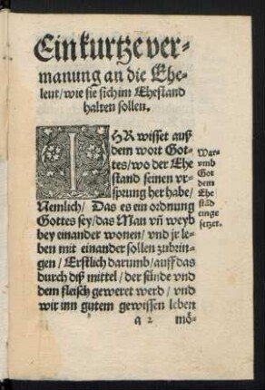 Ein kurtze vermanung an die Eheleut/ wie sie sich im Ehestand halten sollen.