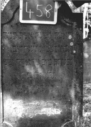 Grabstein 458 (Index: 99895614) Material: Sandstein Zustand: leich verwittert und bewachsen Maße HxBxT: 140x63x9 cm Beschreibung: Stele mit eingezogenem Rundbogenabschluss; Sockel: Grabstein 458 (2)