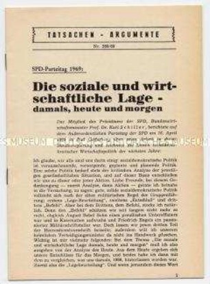Heft aus der Schriftenreihe der SPD "Tatsachen - Argumente" mit dem Wortlaut der Rede von Wirtschaftsminister Schiller auf dem Parteitag
