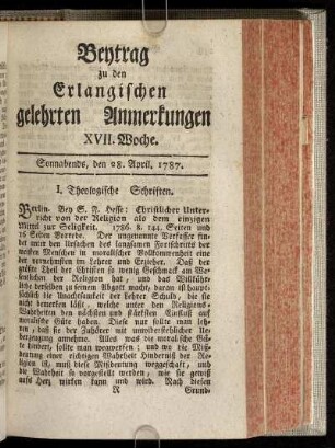 XVII. Woche. Sonnabends, den 28. April. 1787.