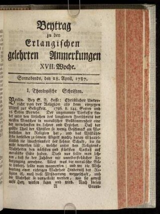 XVII. Woche. Sonnabends, den 28. April. 1787.