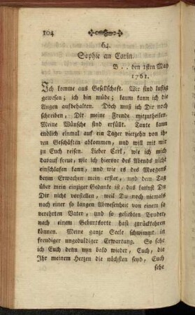 64. Sophie an Carln. B .. den 1sten May 1761.