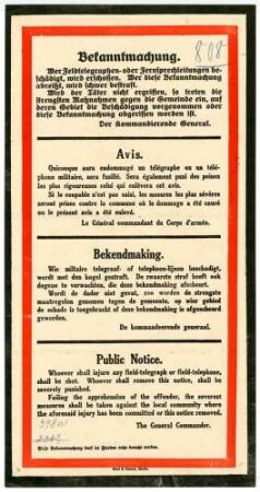 "Bekanntmachung." Verbot der Beschädigung von Feldtelegraphen- und Fernsprechleitungen