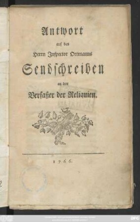 Antwort auf des Herrn Inspector Ortmanns Sendschreiben an den Verfaßer der Reliquien