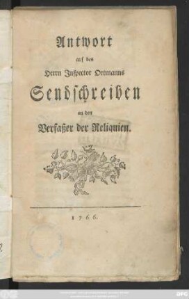 Antwort auf des Herrn Inspector Ortmanns Sendschreiben an den Verfaßer der Reliquien