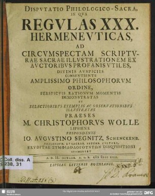 Disputatio Philologico-Sacra In Qua Regulas XXX Hermeneuticas, Ad Circumspectam Scripturae Sacrae Illustrationem Ex Auctoribus Profanis Utiles