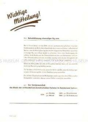 Rundschreiben zur Frage der Rehabilitierung ehemaliger NSDAP-Mitglieder im Land Sachsen