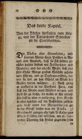 Das dritte Kapitel. Von der Türken Anstalten zum Kriege, und des Tartarchans Schreiben an die Conföderirten.