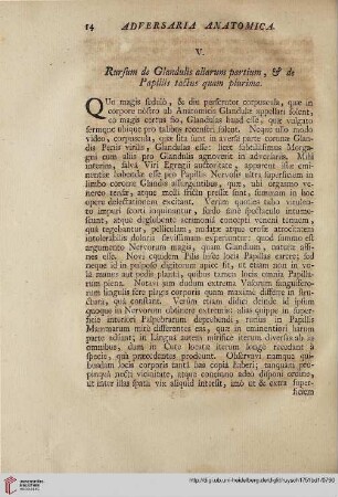 V: Rursum de glandulis aliarum partium, & de papilis tactus quam plurima