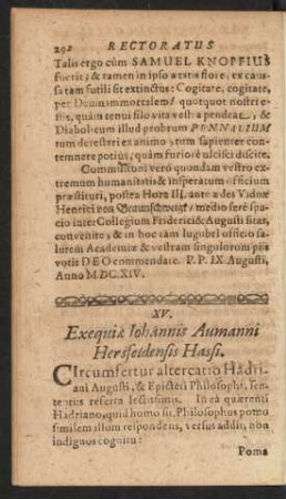 XV. Exequiae Iohannis Aumanni Hersfeldensis Hassi.