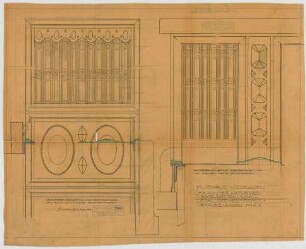 Thiersch, Friedrich von; Wiesbaden; Kurhaus - Heizkörperverkleidung im Kleinen Restaurationsaal u. Spielzimmer (Ansichten, Schnitte)