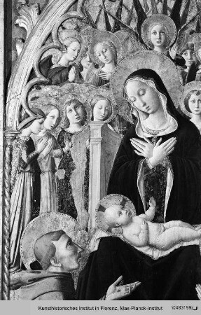 Thronende Maria mit Kind, Engeln, den Heiligen Franziskus und Bernhardin von Siena sowie dem Stifter