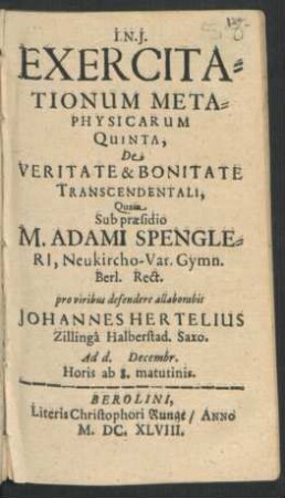 Exercitationum Metaphysicarum Quinta, De Veritate & Bonitate Transcendentali