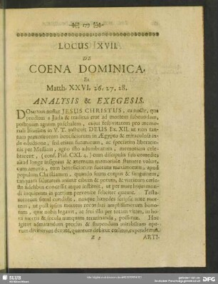 Locus XVII. De Coena Dominica. Ex. Matth. XXVI. 26. 27. 28.