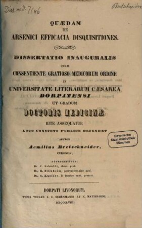 Quaedam de arsenici efficacia disquisitiones : (Diss. inaug.)