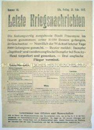 Mitteilungsblatt "Letzte Kriegsnachrichten" mit Kurzmeldungen von verschiedenen Kriegsschauplätzen