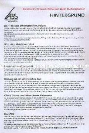 Flugblatt des Aktionsbündnisses gegen Studiengebühren (ABS) mit dem Aufruf zu einer Unterschriftenaktion