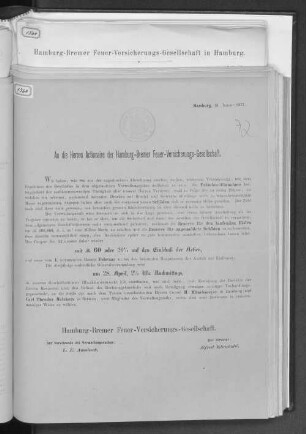 An die Herren Actionaire der Hamburg-Bremer Feuer-Versicherungs-Gesellschaft.