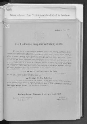 An die Herren Actionaire der Hamburg-Bremer Feuer-Versicherungs-Gesellschaft.