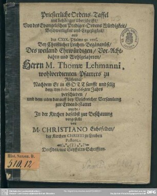Priesterliche Ordens-Taffel ... bey ... Leichenbegängnüß des ... Herrn Thomae Lehmanni ...