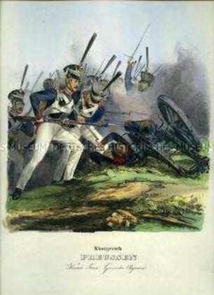 Uniformdarstellung, Grenadiere im Angriff, Preußen, 1838/1843. Aus: Eckert/Monten: Das deutsche Bundesheer. Tafel 4.