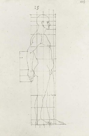 Mann seitlich in Proportionsnetz : Dresdner Skizzenbuch (1507/1528). Mann seitlich in Proportionsnetz (aus: R. Bruck: Das Skizzenbuch von Albrecht Dürer, Straßburg 1905, Tafel 18, Blatt 104r, Str. 44, Kriegsverlust). Dresden: SLUB Mscr.Dresd.R.147.f