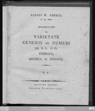 Pars I: Commentatio de Varietate Generis et Numeri in LL. OO. Hebraea, Arabica et Syriaca