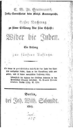 Erster Nachtrag zu seiner Schrift : Wider die Juden / Karl Wilhelm Friedrich Grattenauer