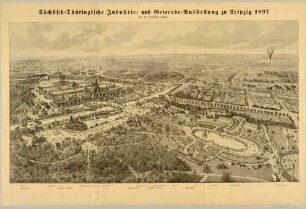 Das Gelände der Sächsisch, Thüringeschen Industrie- und Gewerbeausstellung in Leipzig 1897, aus der Vogelschau gesehen, im Südwesten Leipzigs (heute an der Anton-Bruckner-Allee)