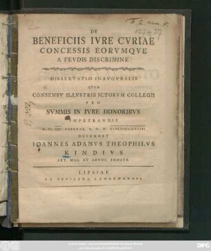 De Beneficiis Ivre Cvriae Concessis Eorvmqve A Fevdis Discrimine : Dissertatio Inavgvralis