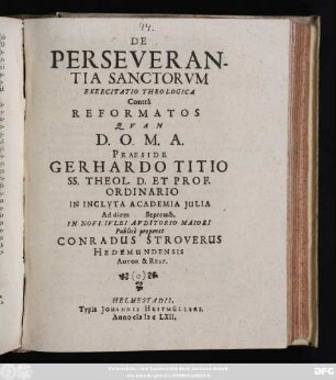 De Perseverantia Sanctorum Exercitatio Theologica Contra Reformatos