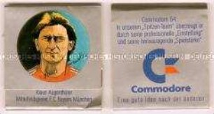 Streichholzbriefchen des Commodore-Fan-Clubs mit Aufkleber von Klaus Augenthaler vom F.C. Bayern München
