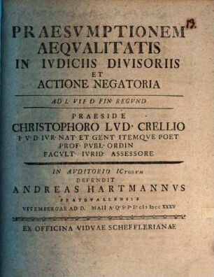 Praesvmptionem Aeqvalitatis In Ivdiciis Divisoriis Et Actione Negatoria : Ad L. VII. D. Fin. Regvnd
