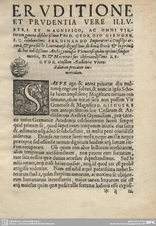 ERUDITIONE ET PRUDENTIA VERE ILLUSTRI ET MAGNIFICIO, AC OMNI VIRTUTUM....
