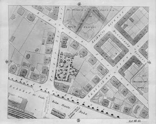 Dresden, Topographische Aufnahme 1863 (Ausschnitt Prager Straße mit Struves Trinkanstalt, dem Hotel des englischen Gesandten und dem Böhmischen Bahnhof)